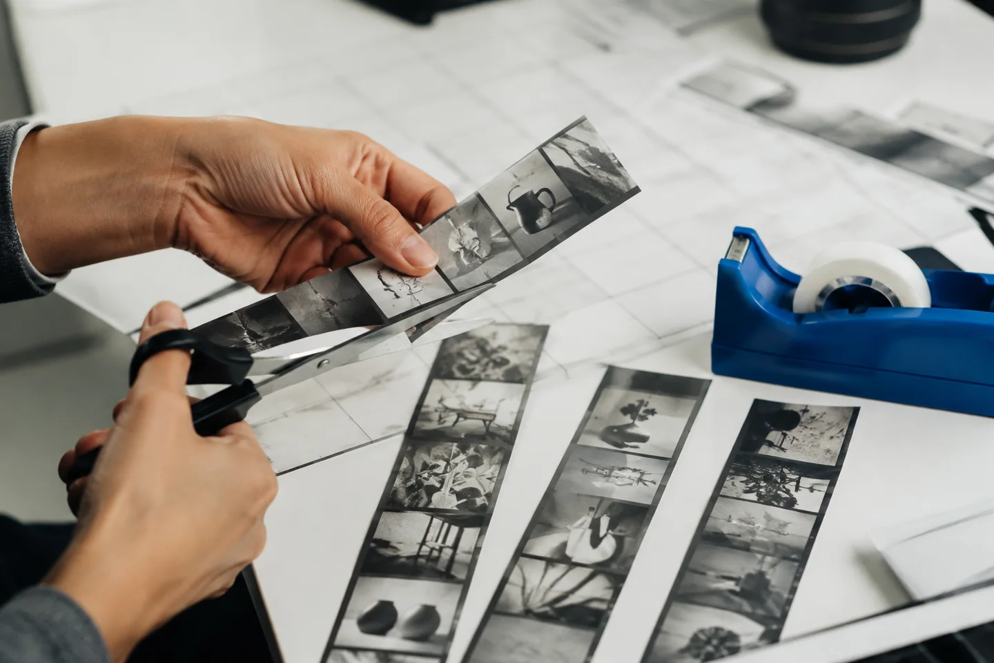 Hands selecting and trimming photographs for a short-form sequence.