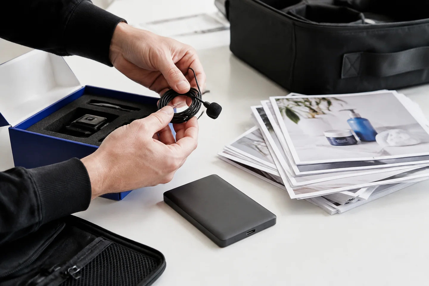 A microphone and organized product assets prepared for handoff.