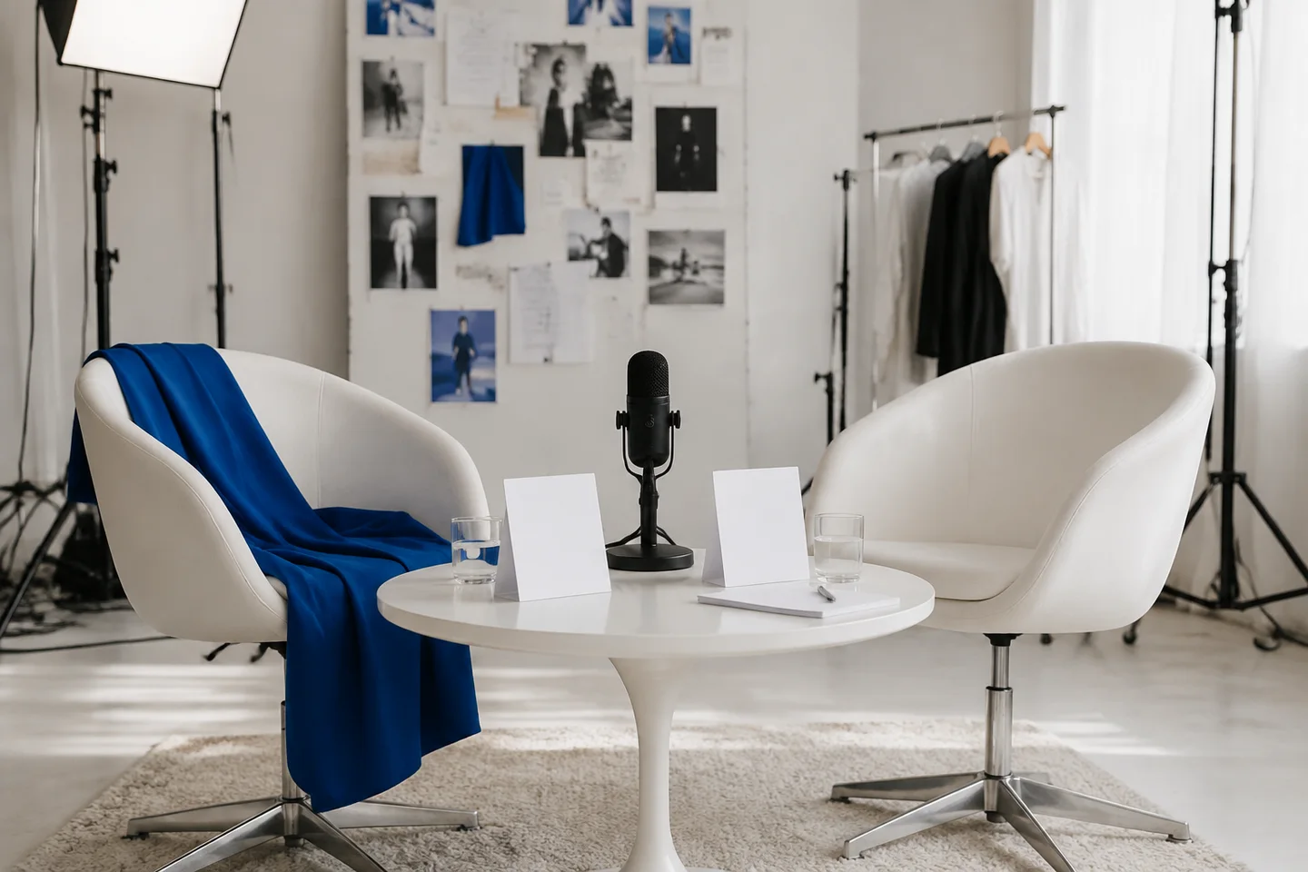 Two empty presenter chairs and a microphone in a bright studio.