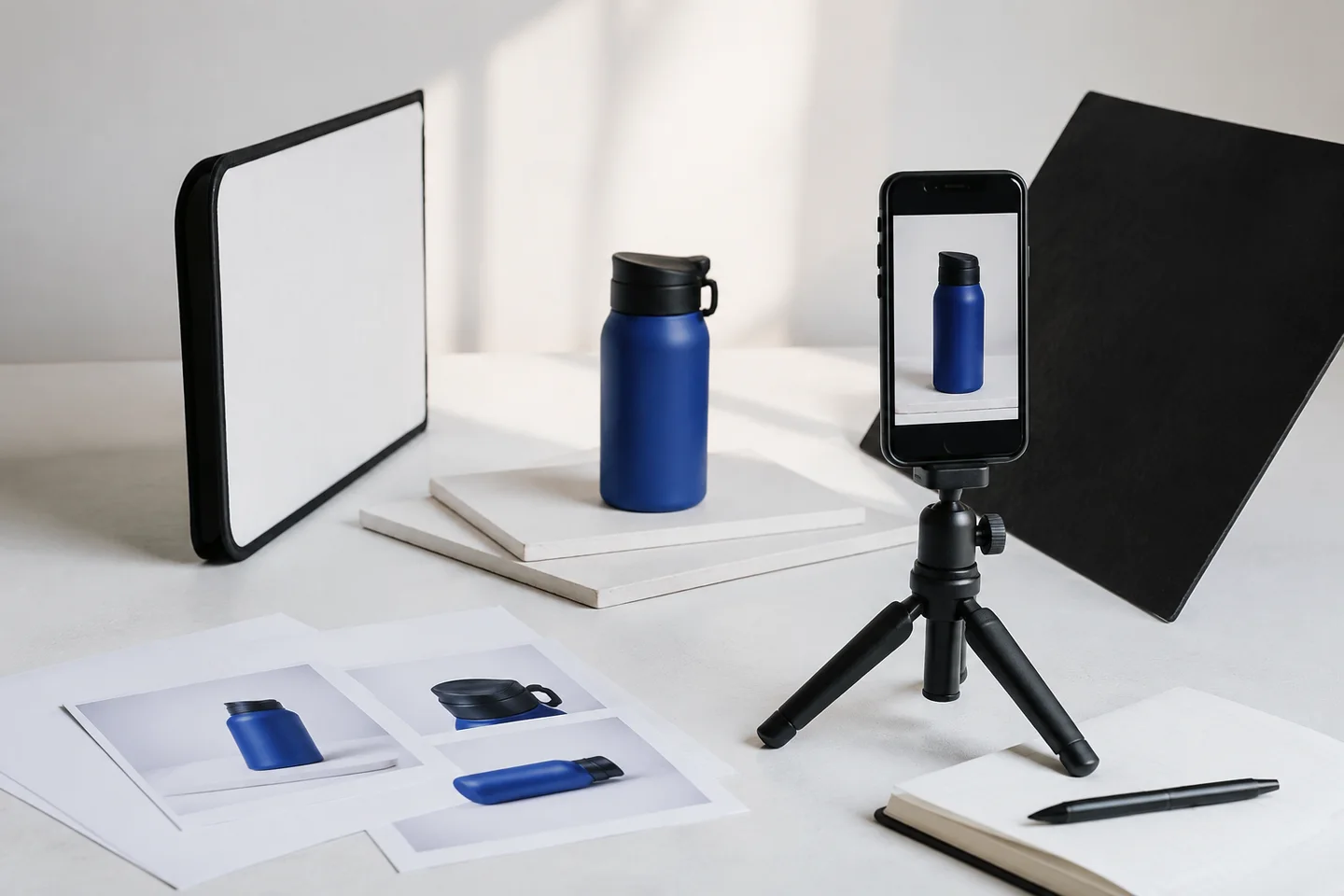 A blue bottle staged with reflectors for product creative testing.