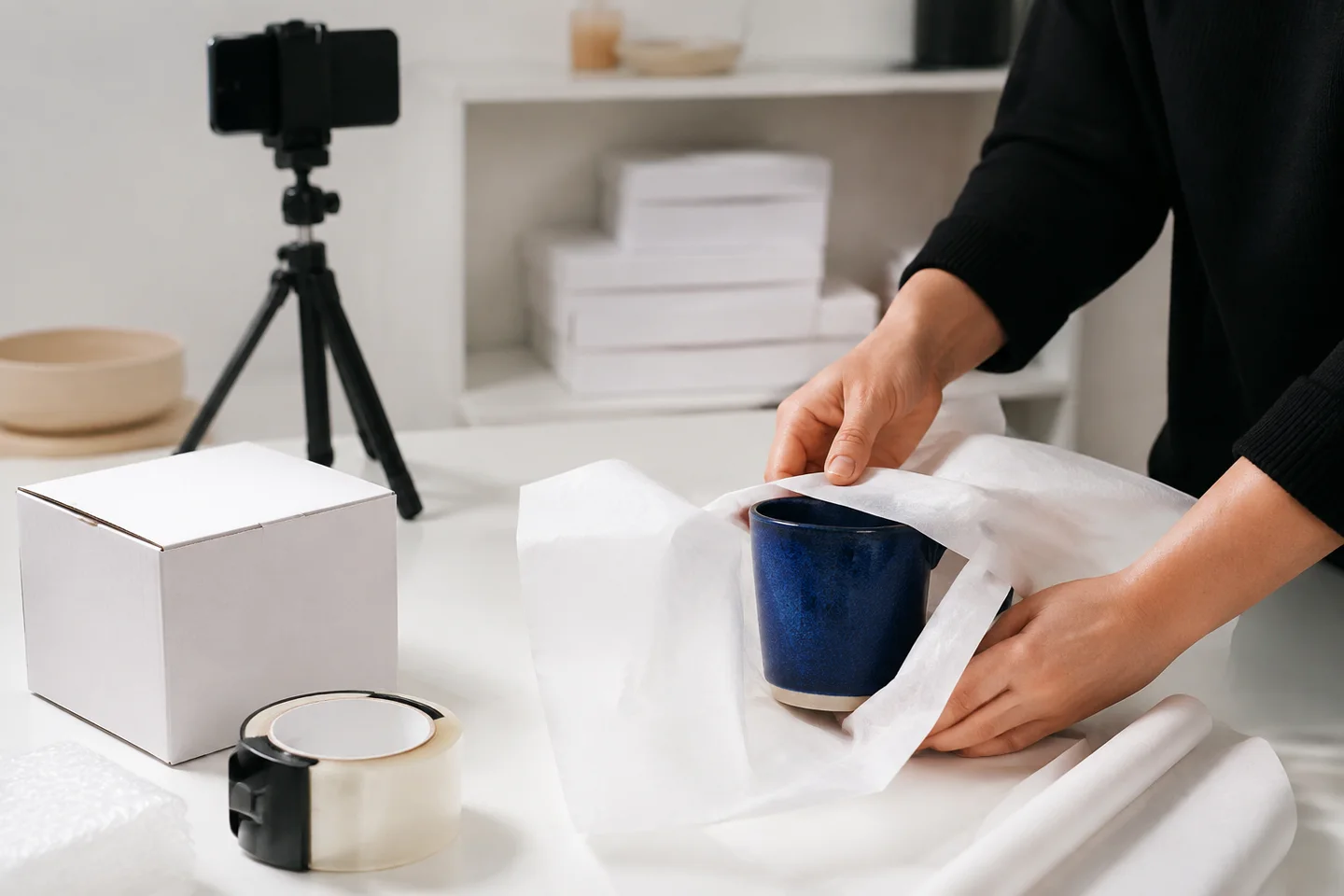 Hands preparing a ceramic product for an ecommerce shipment.