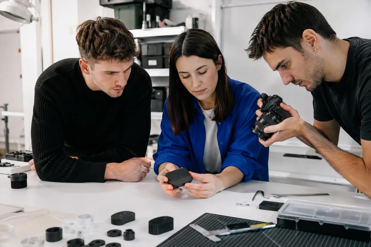 A small startup team preparing to document a new prototype.