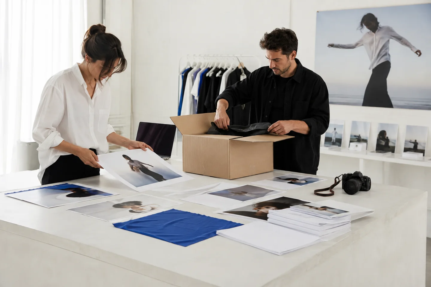 A creative team unpacking a multi-format campaign production kit.