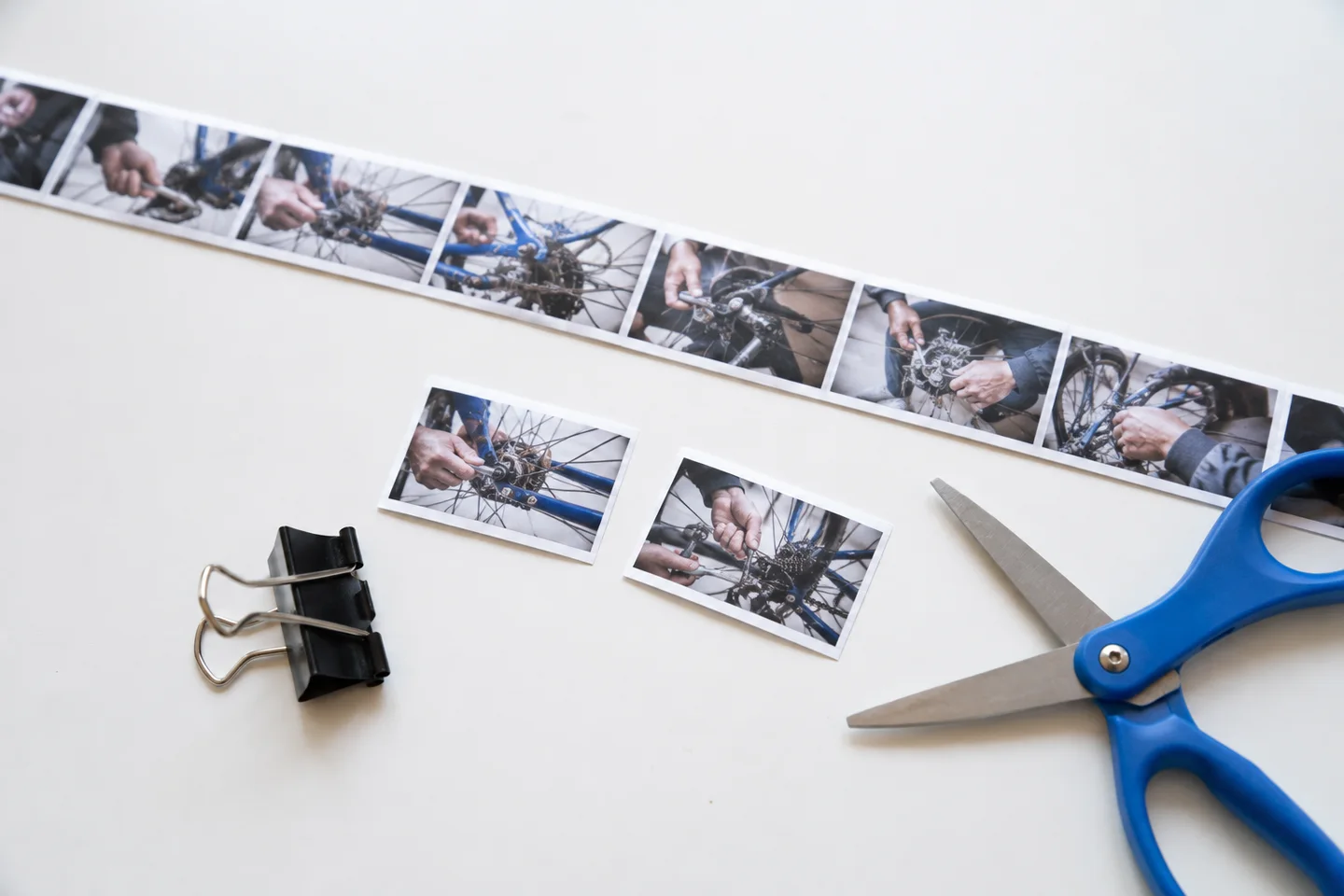 Short photographic sequences selected from a longer bicycle-repair recording.