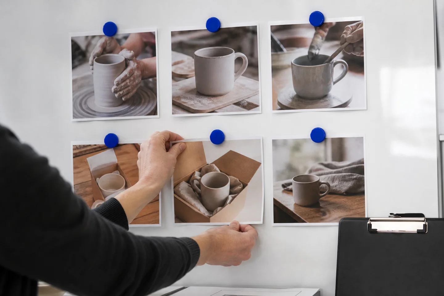 Hands arranging a product story into a sequence of photographic cards.
