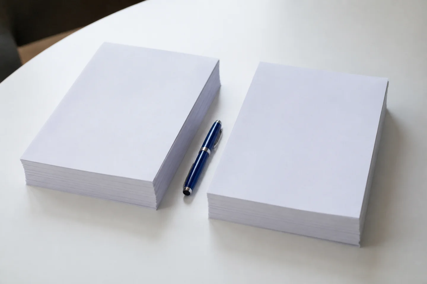 Two aligned stacks of blank agreement pages with a blue pen.