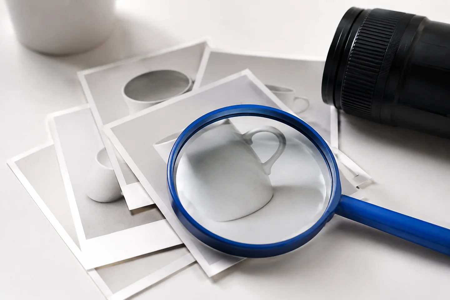 A magnifying glass over product photographs during a content review.
