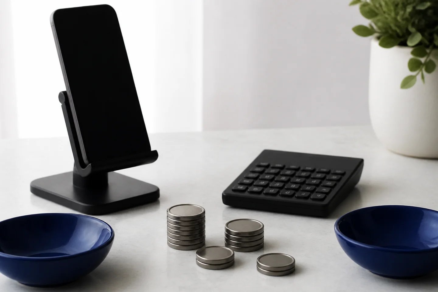Phone recording equipment and metal tokens arranged for revenue planning.