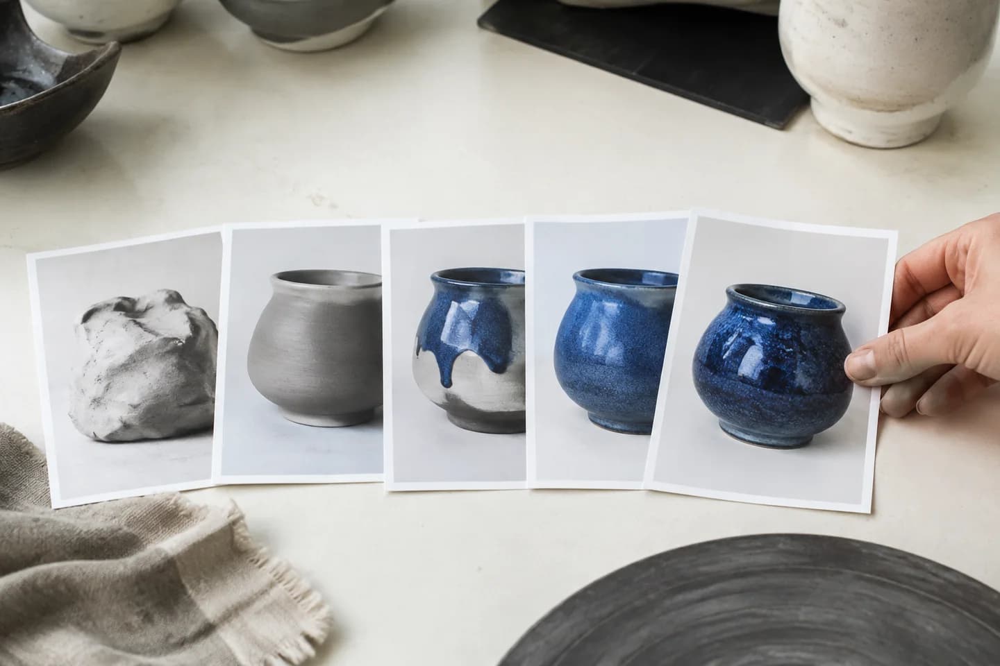Sequential photo prints showing a ceramic vessel taking shape.