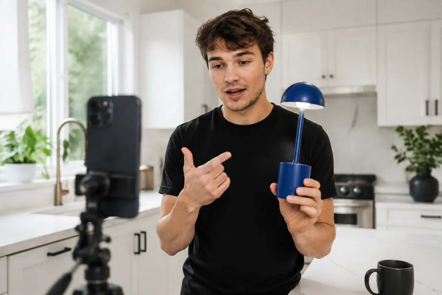 A creator demonstrating a small blue lamp to a phone camera.