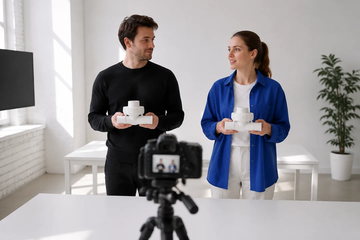 Two presenters rehearsing the same teaching demonstration for a fair comparison.