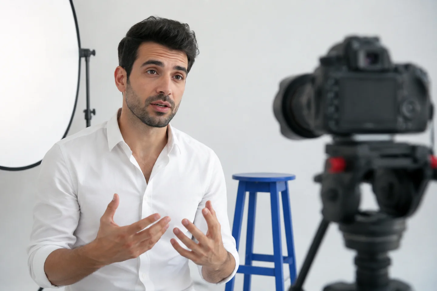 A presenter recording a product story in a bright studio.
