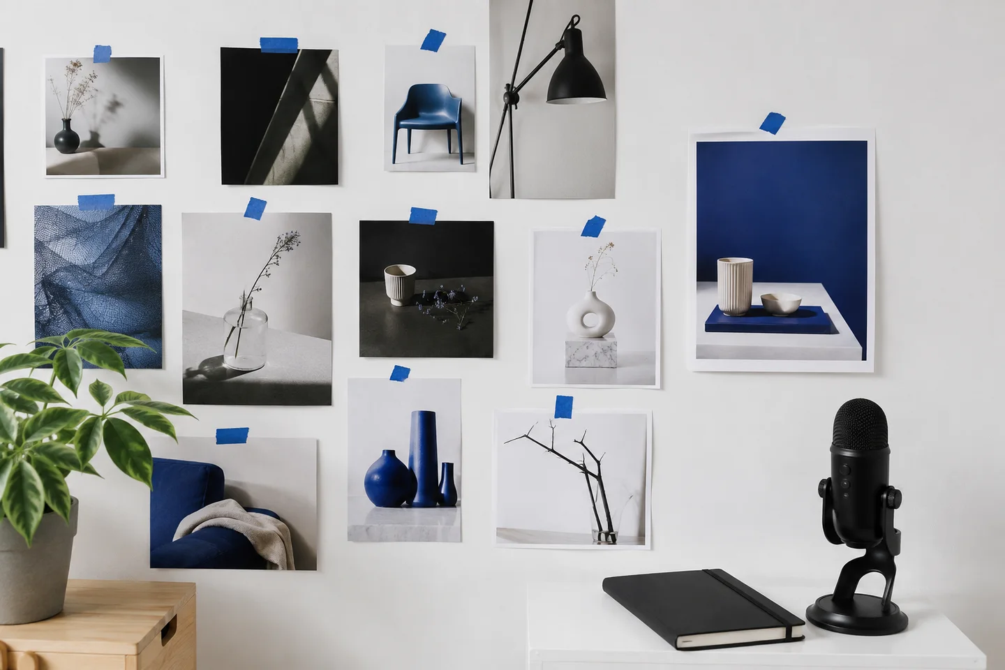 A studio wall organizing varied product images for a marketing campaign.