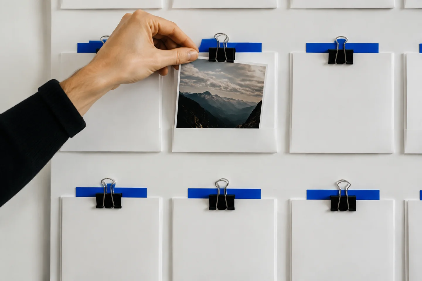 A hand scheduling a photograph in a blank wall organizer.
