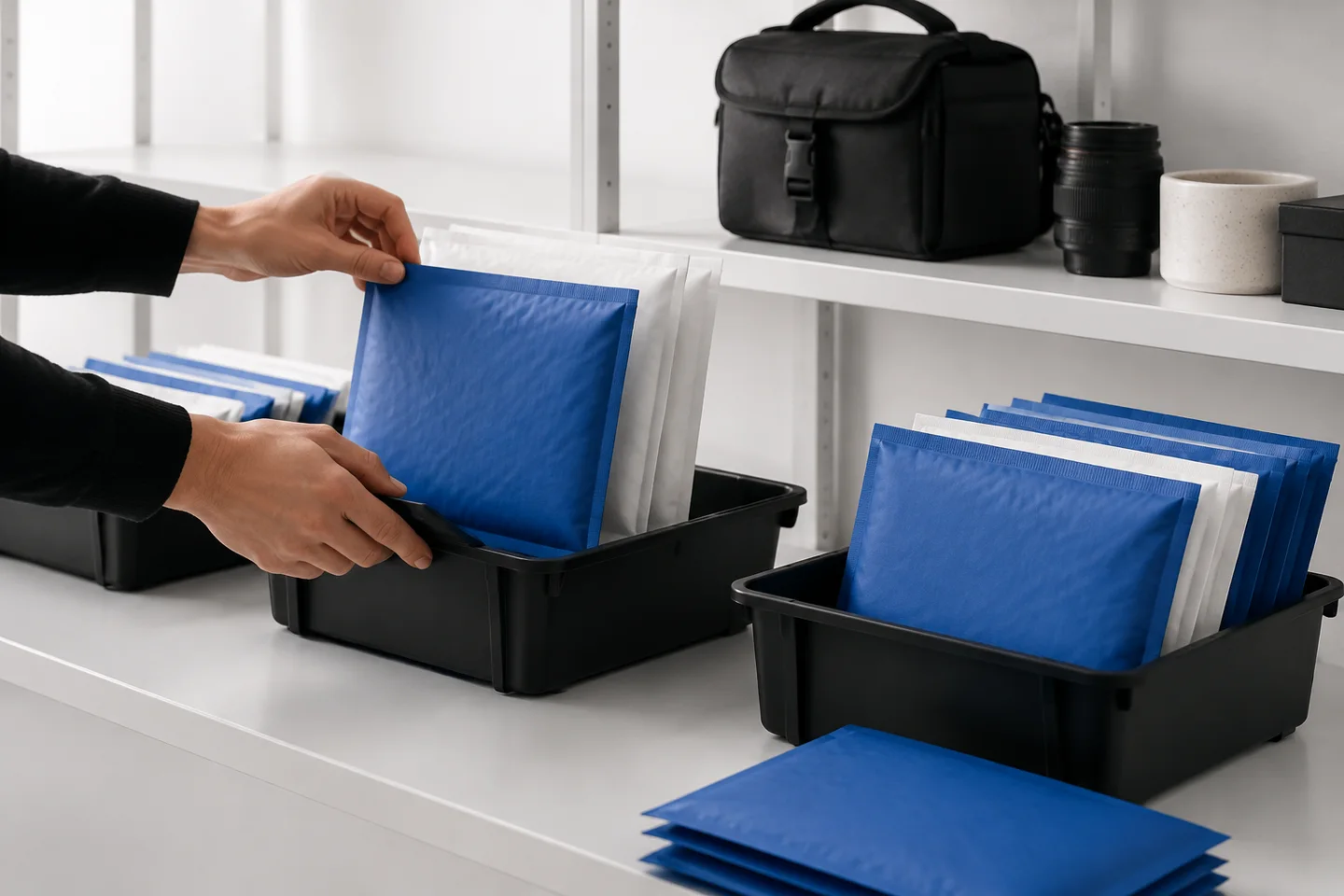 Hands distributing blank project envelopes into separate delivery trays.