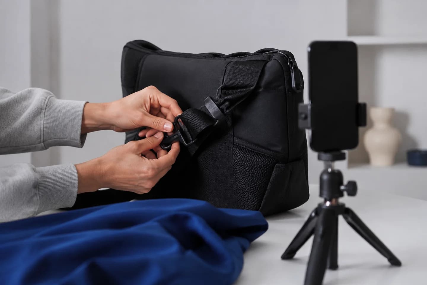 Hands demonstrating a bag clasp for a phone-recorded product video.