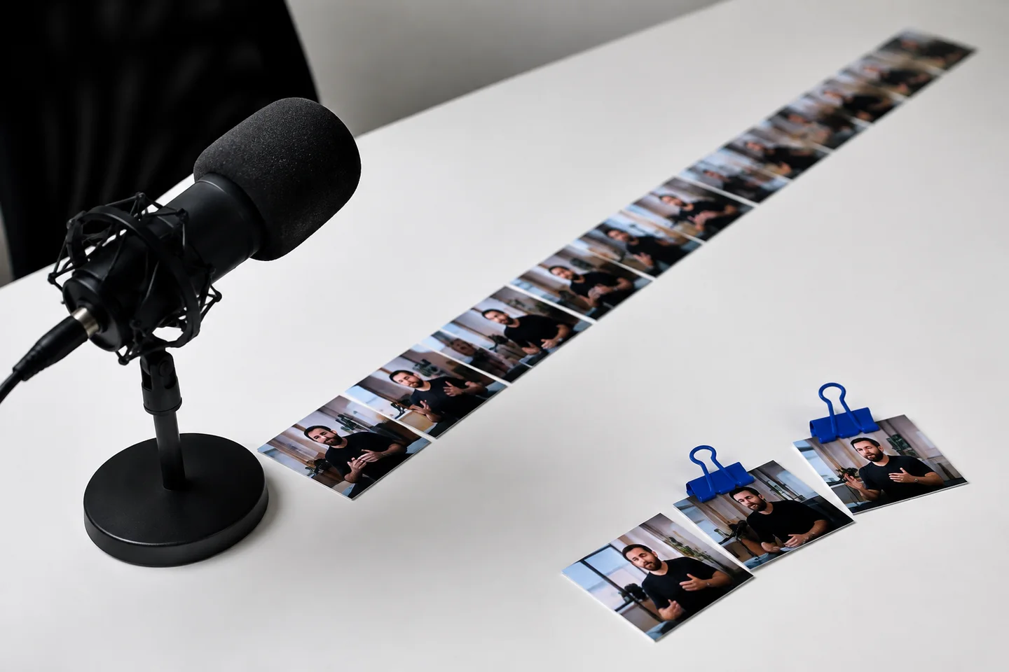Interview photographs selected beside a podcast microphone.