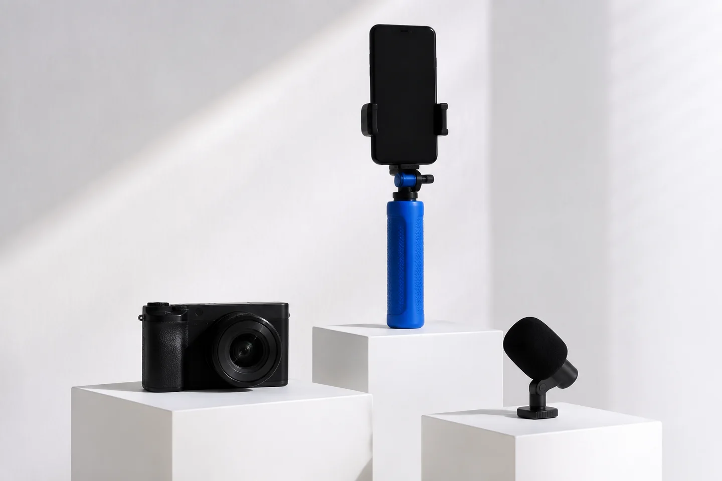 Camera, phone mount and microphone presented as different content-making tools.