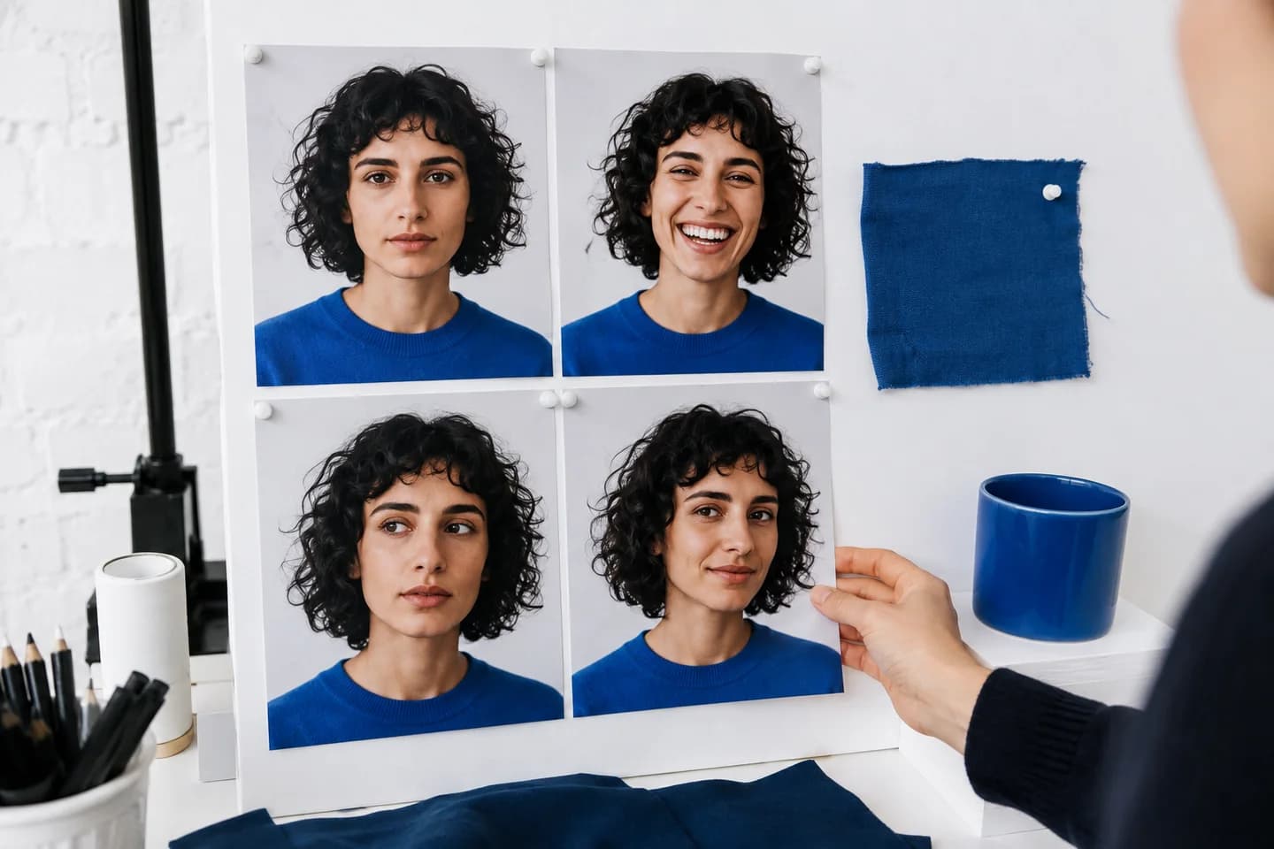 Expression reference photos with matching blue fabric and product props.