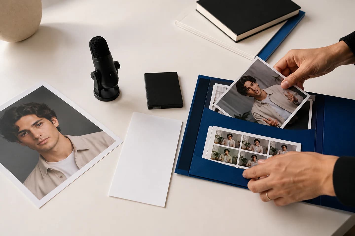 Presenter images and recording materials organized for creative handoff.
