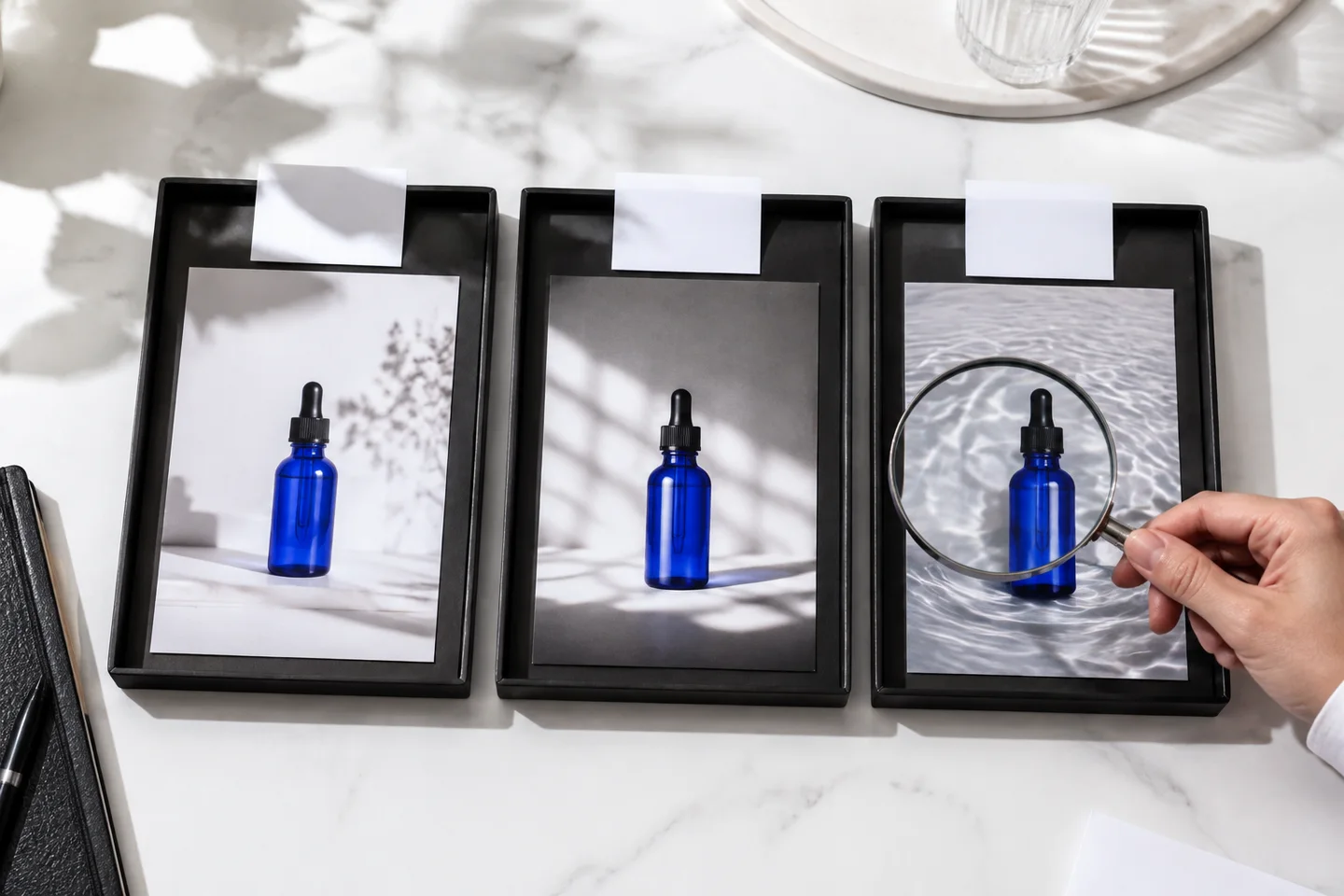 Same-product creative tests compared with a magnifying glass.