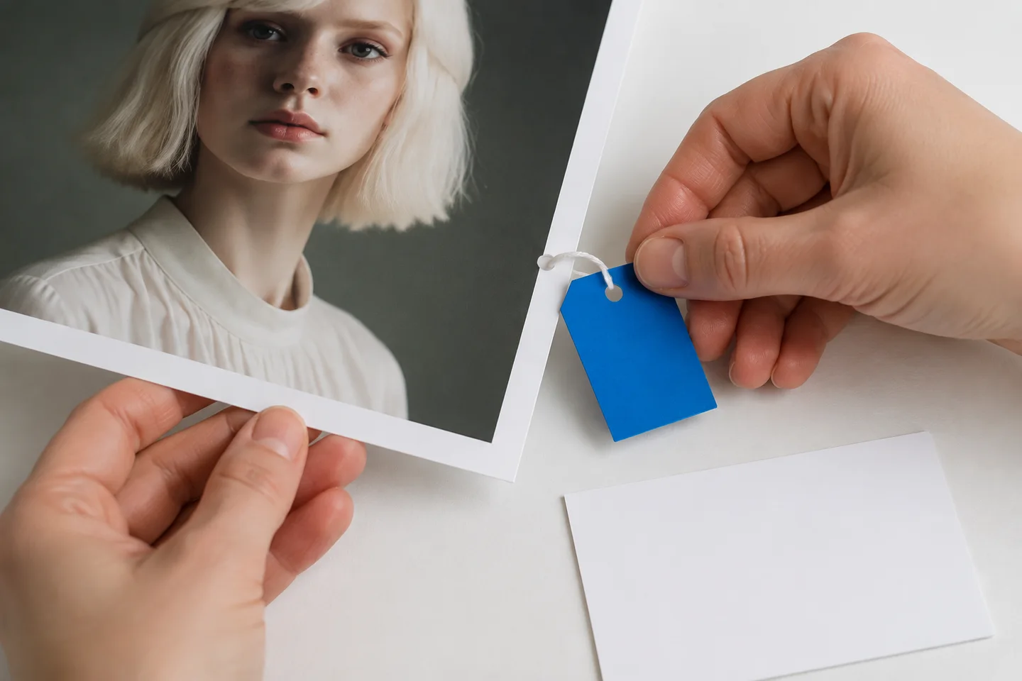Hands attach a blank blue provenance tag to a synthetic portrait print.