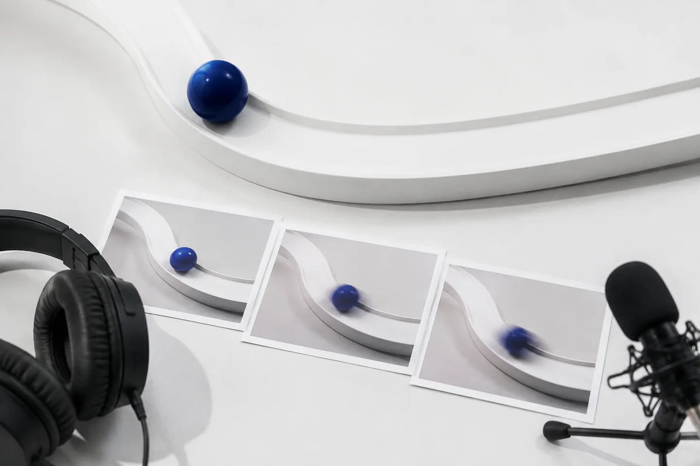 A physical motion test with audio equipment and frame prints.