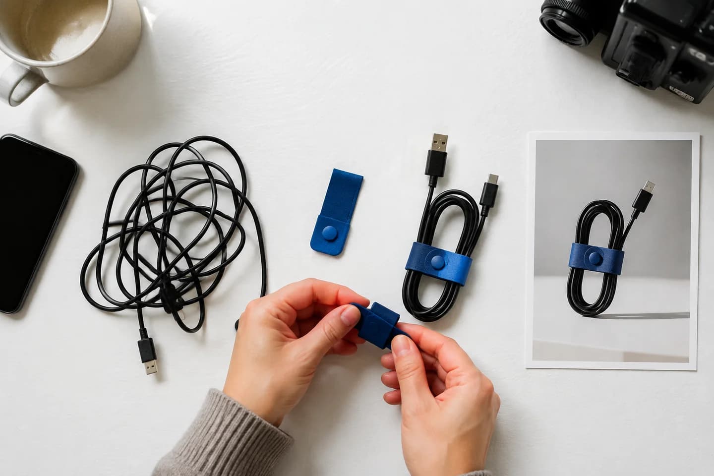 A cable organizer turns a tangled-cable problem into a clear product story.