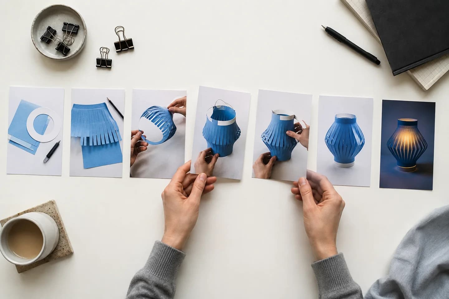 Seven photo cards arranged into a paper-lamp slideshow sequence.