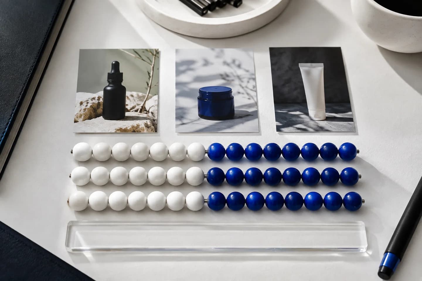 Equal rows of counting beads beside product stills for comparison.