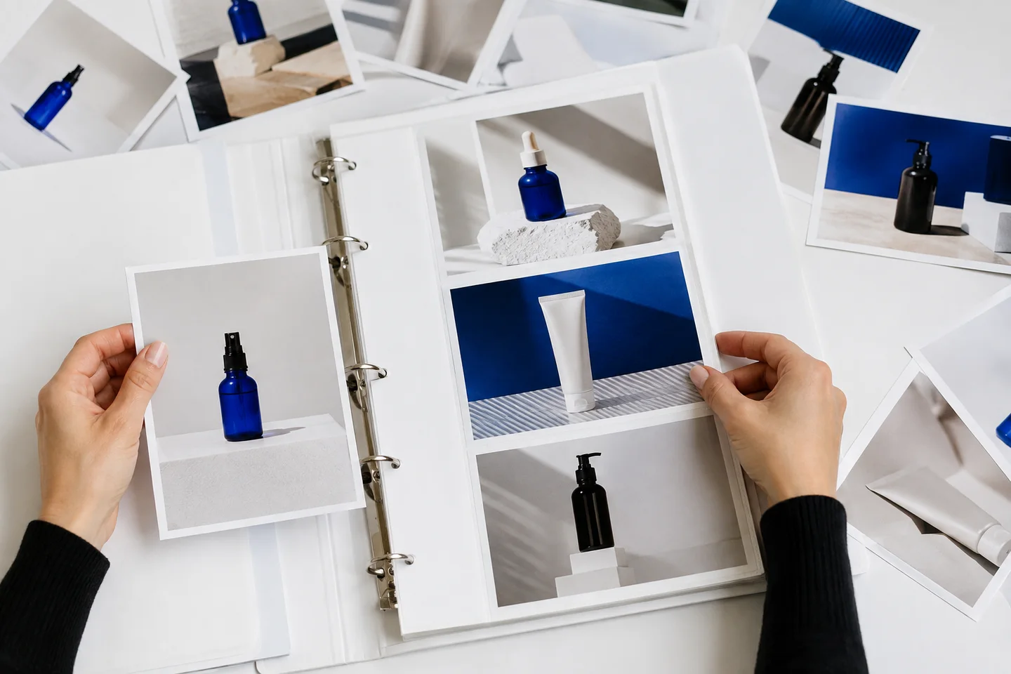 Hands selecting product photographs for a clean portfolio binder.
