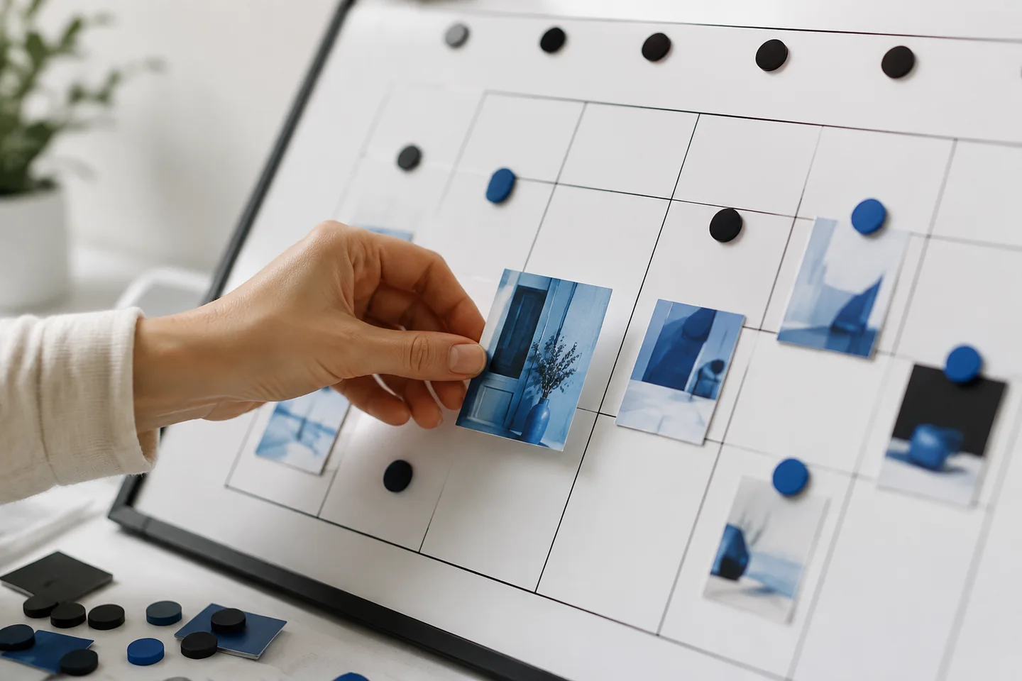 A hand places a photo into a blank publishing planner.