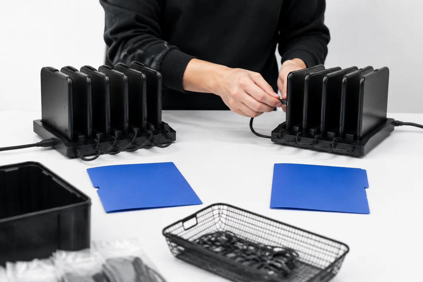 Hands checking a connection between organized phone racks.