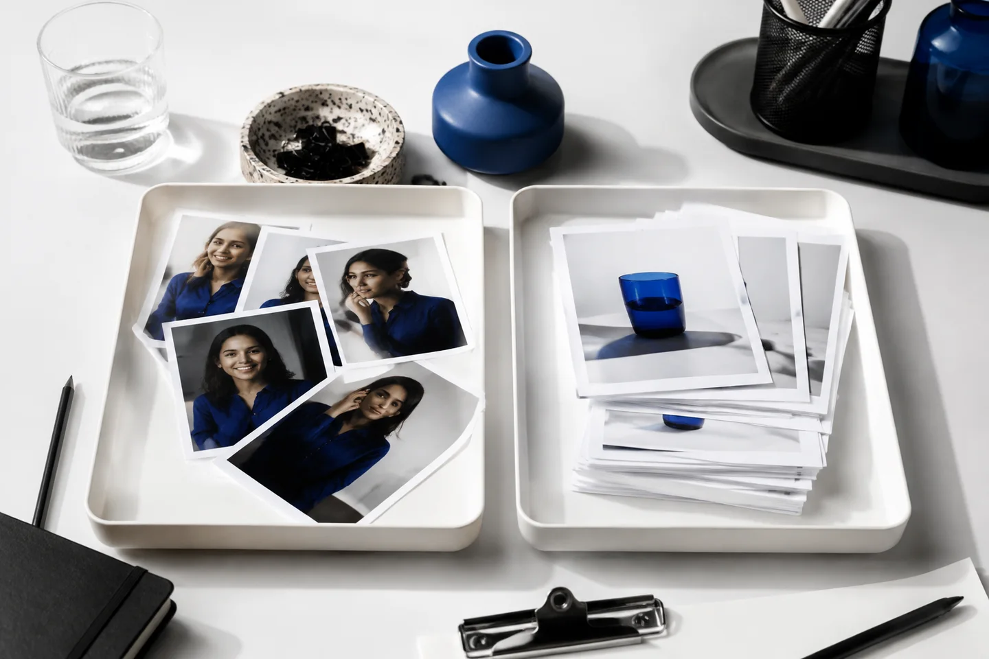 Portrait and product-photo batches sorted into two trays.