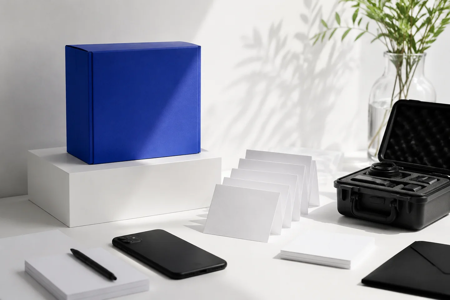 A blue product box and organized recording kit prepared for launch.