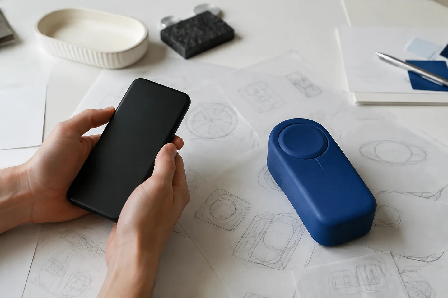 A phone and blue product prototype on translucent concept sketches.