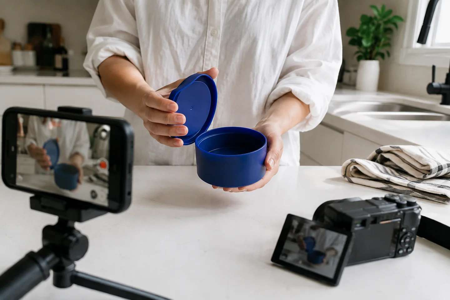 Hands demonstrating a blue container for two recording angles.