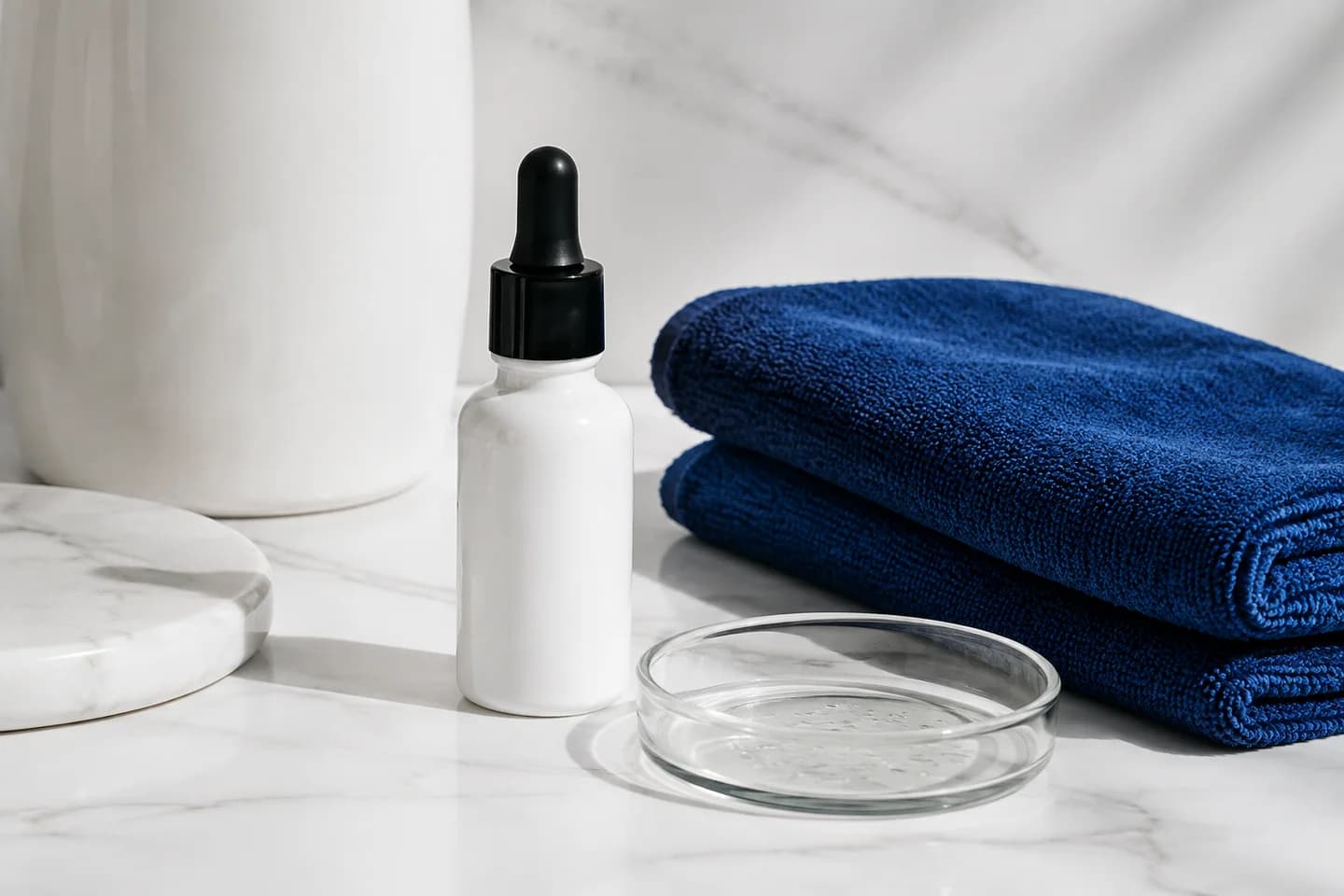 A serum bottle and clear product texture on a bright stone surface.