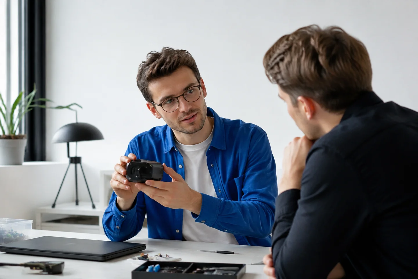 A developer showing a finished prototype to a colleague.