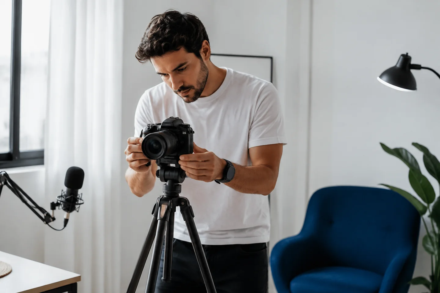 A creator adjusting a camera in a bright home studio.