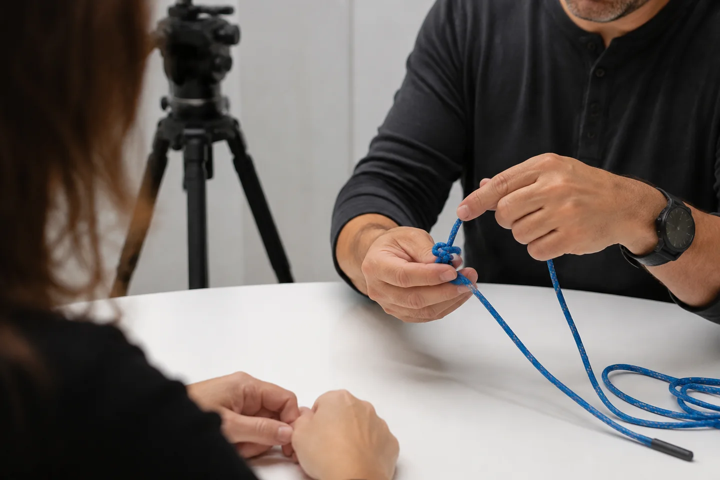 An instructor demonstrating a practical knot with blue cord.