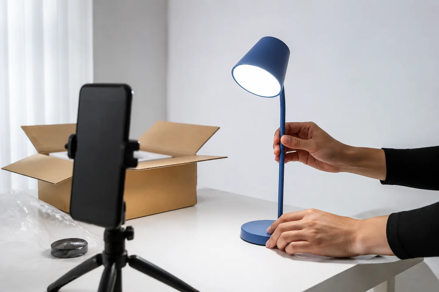 Hands testing a compact lamp before filming a product demonstration.