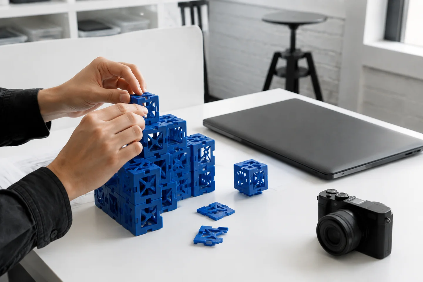 Hands arranging modular blocks beside a laptop and camera.