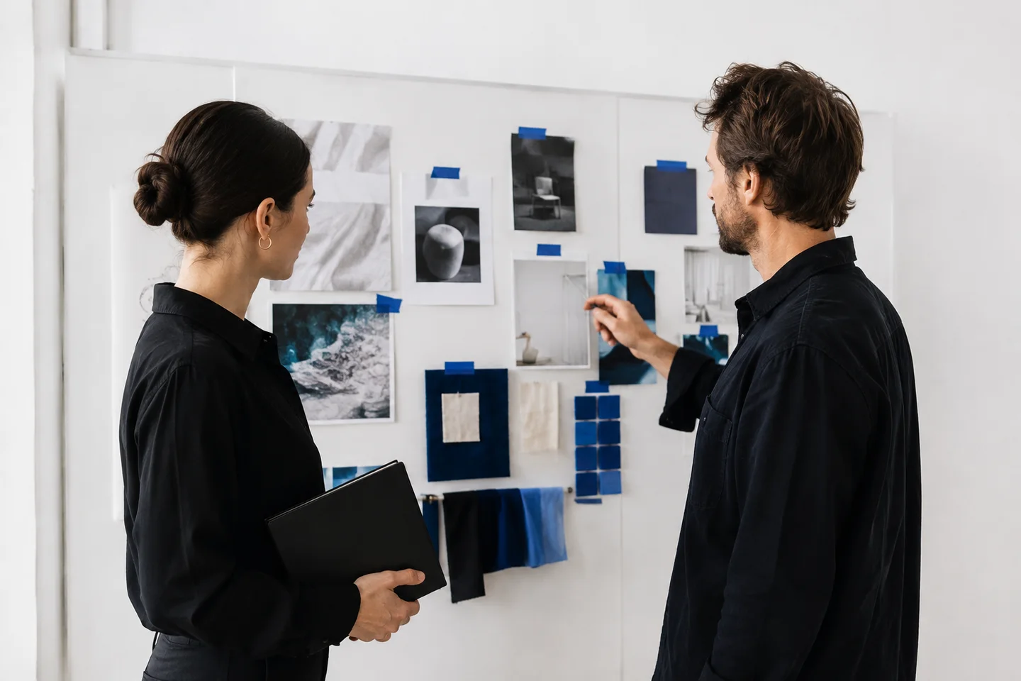 Creative colleagues reviewing photographs and material samples.