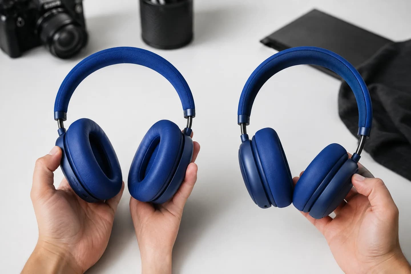 Hands comparing different angles of blue headphones for product creative.