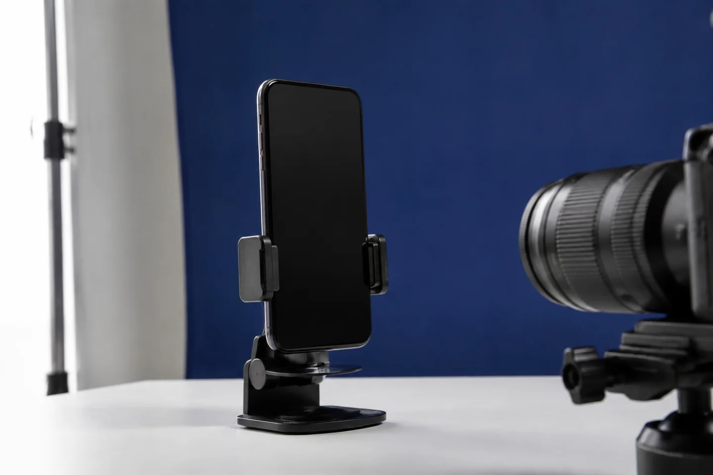 A phone mounted for its first close-up demo recording.