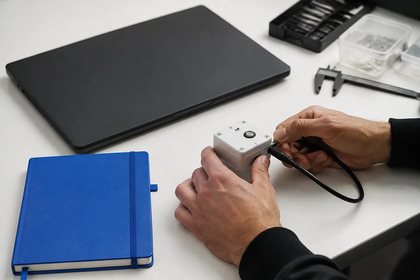 An independent builder testing a small prototype beside a laptop.