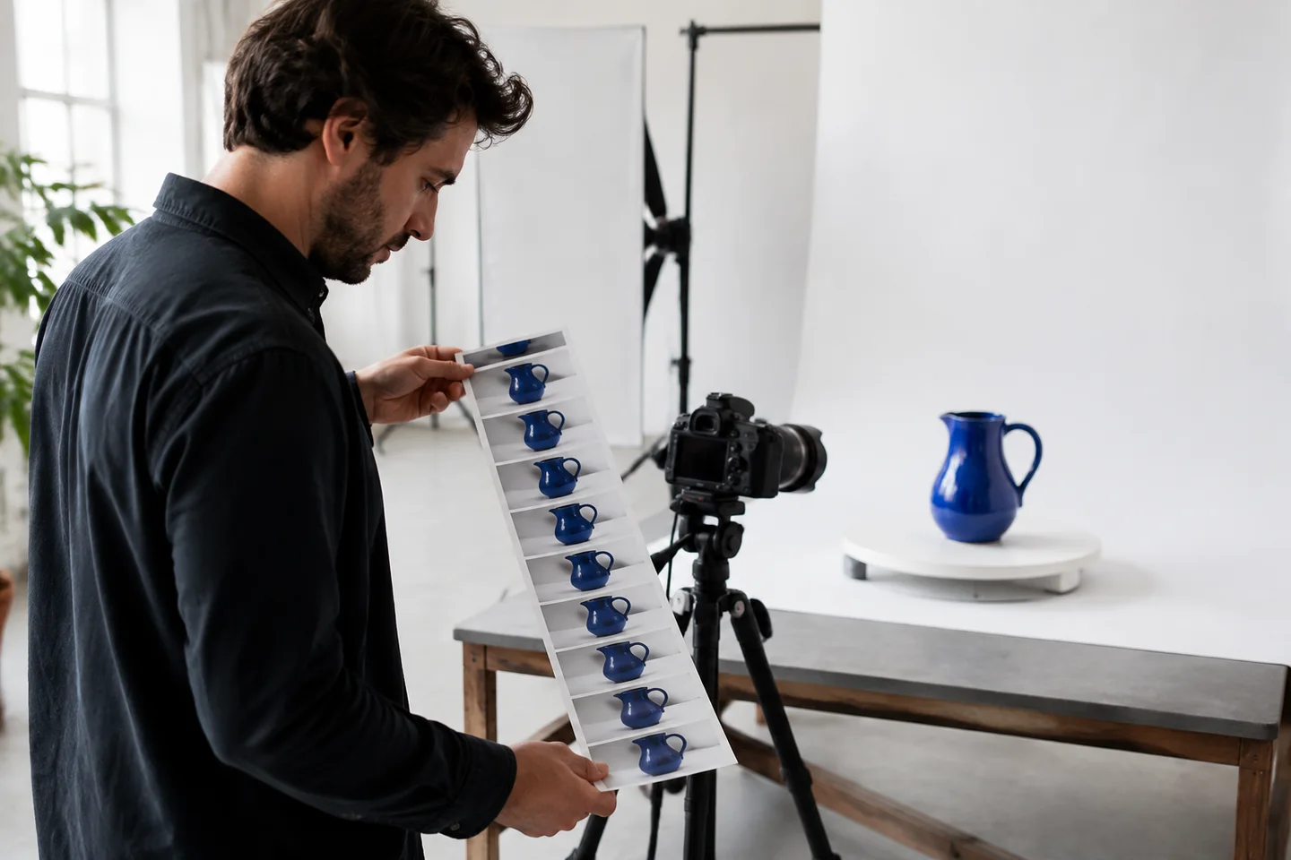 An operator reviewing a rotating product sequence for consistent detail.