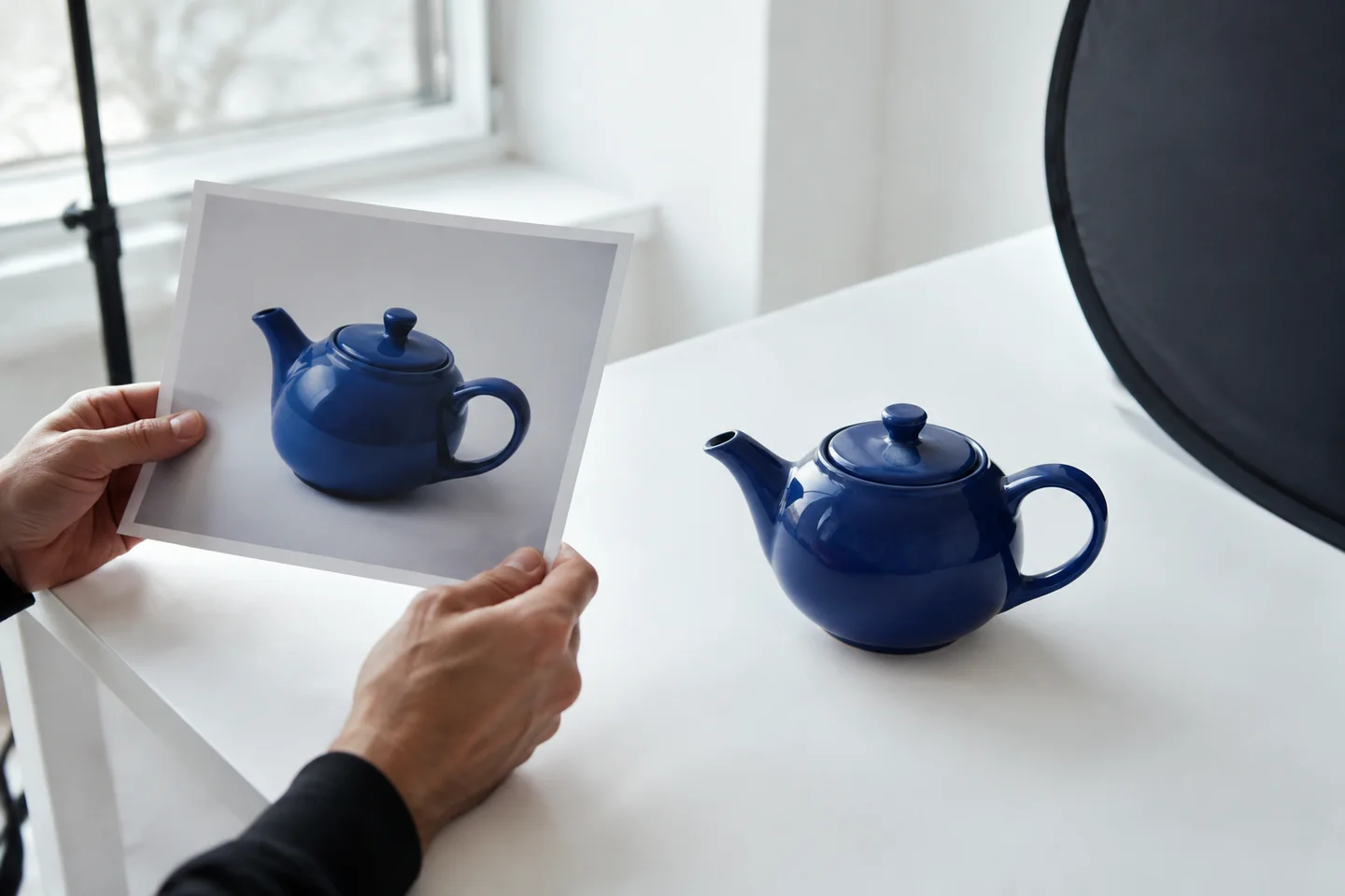 An evaluator comparing a blue teapot with its photographic reference.