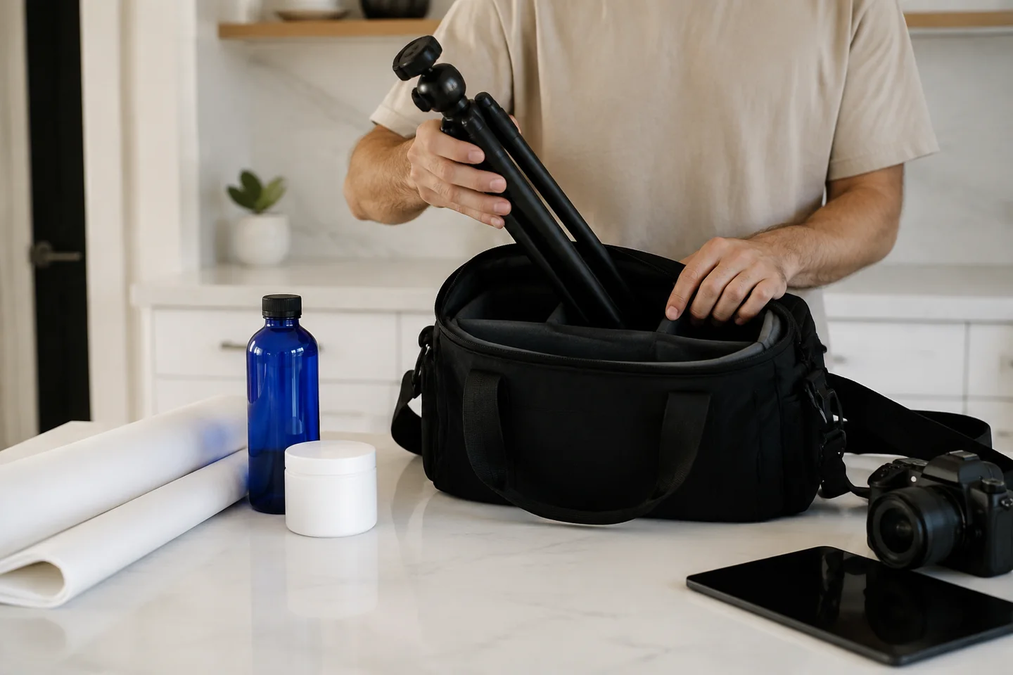 A creator packing a compact product-video recording kit.